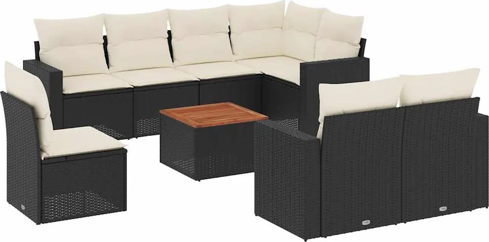vidaXL 9 részes fekete polyrattan kerti ülőgarnitúra párnákkal