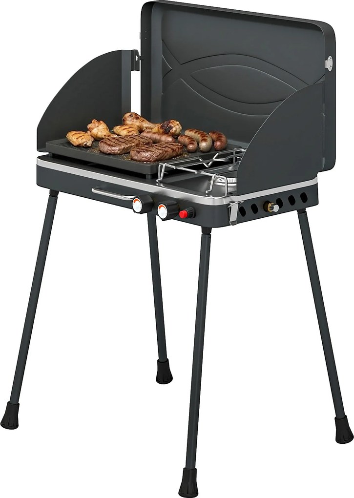 Outsunny hordozható 2-égős gázgrill – 2 az 1-ben asztali és állványos, 20 000 BTU (kb. 5,9 kW), összecsukható lábak, tapadásmentes sütőlap, szélfogó é