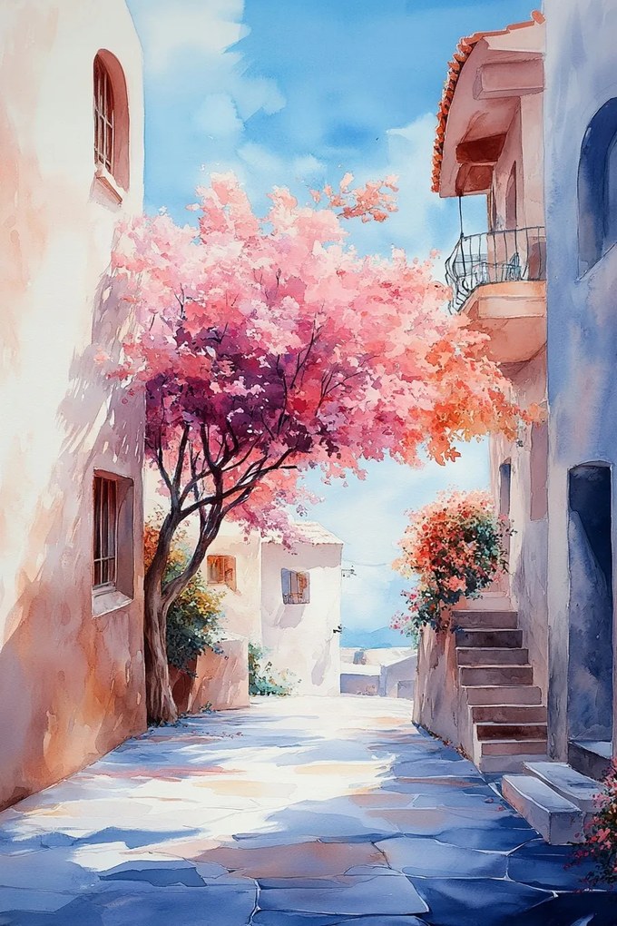 Vászonkép Canvas Tájkép Mediterrán Utca Fa Virágok 40x60