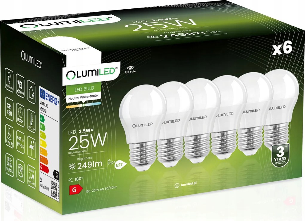 6x Led izzó E27 Golyó P45 2,5W 25W 4000K Semleges Lumiled Nem Pislog