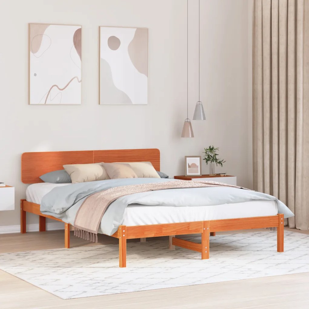 Ágykeret fejtámlával gyanta barna 200x200 cm tömör fenyőfából