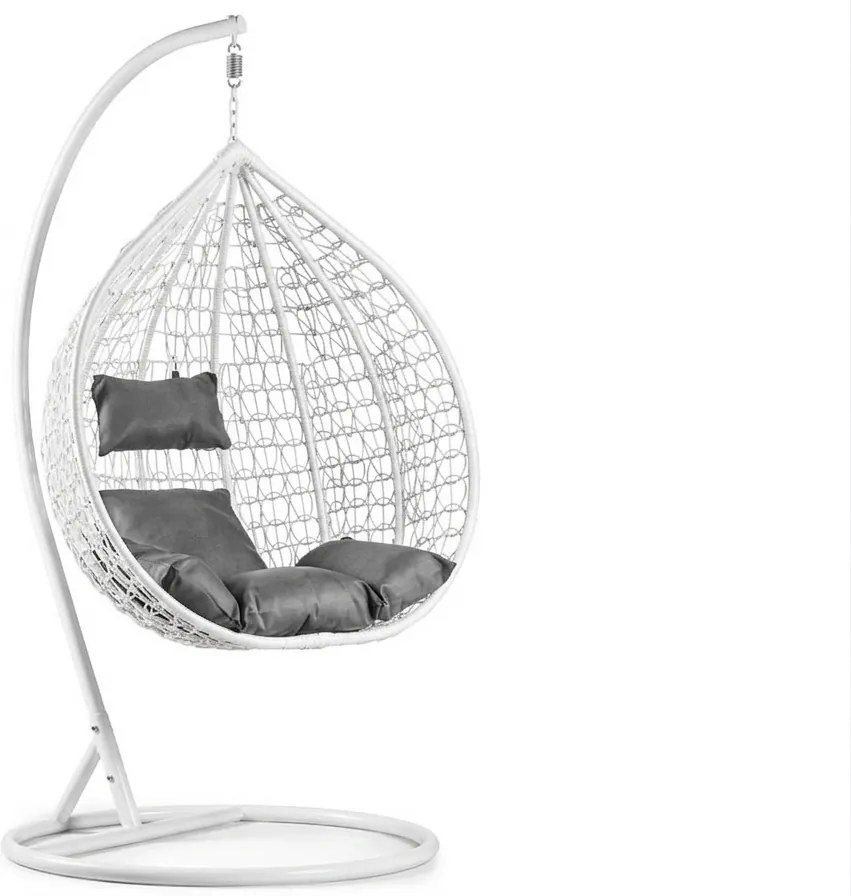 Fehér függőszék KOKON állvánnyal, szürke párnával