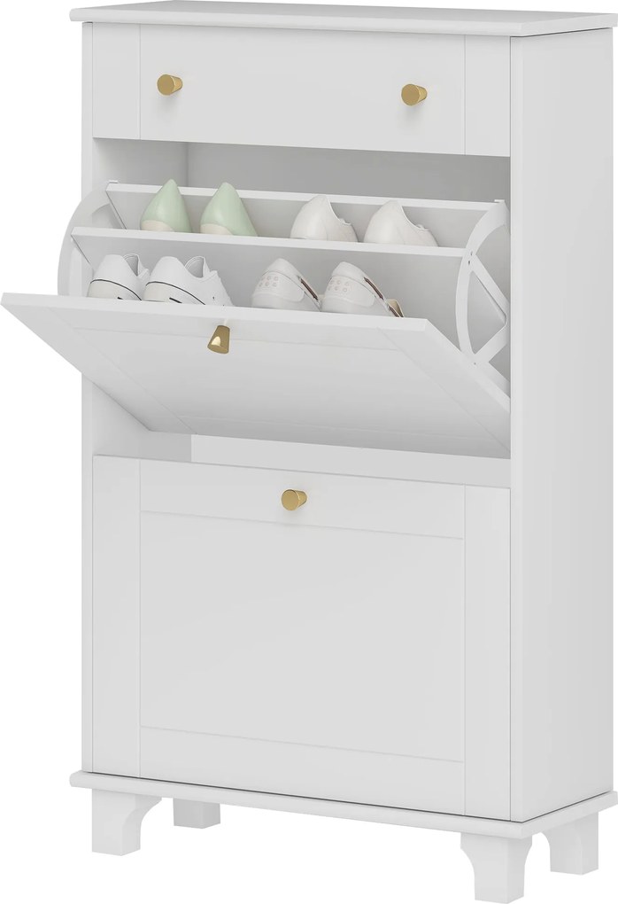 HOMCOM Keskeny Cipőszekrény Előszoba Cipőtároló 2 Felhajtható Fiókkal és 1 Kivehető Fiókkal 8 Pár Cipőhöz 60x23,5x98,5 cm Fehér | Aosom