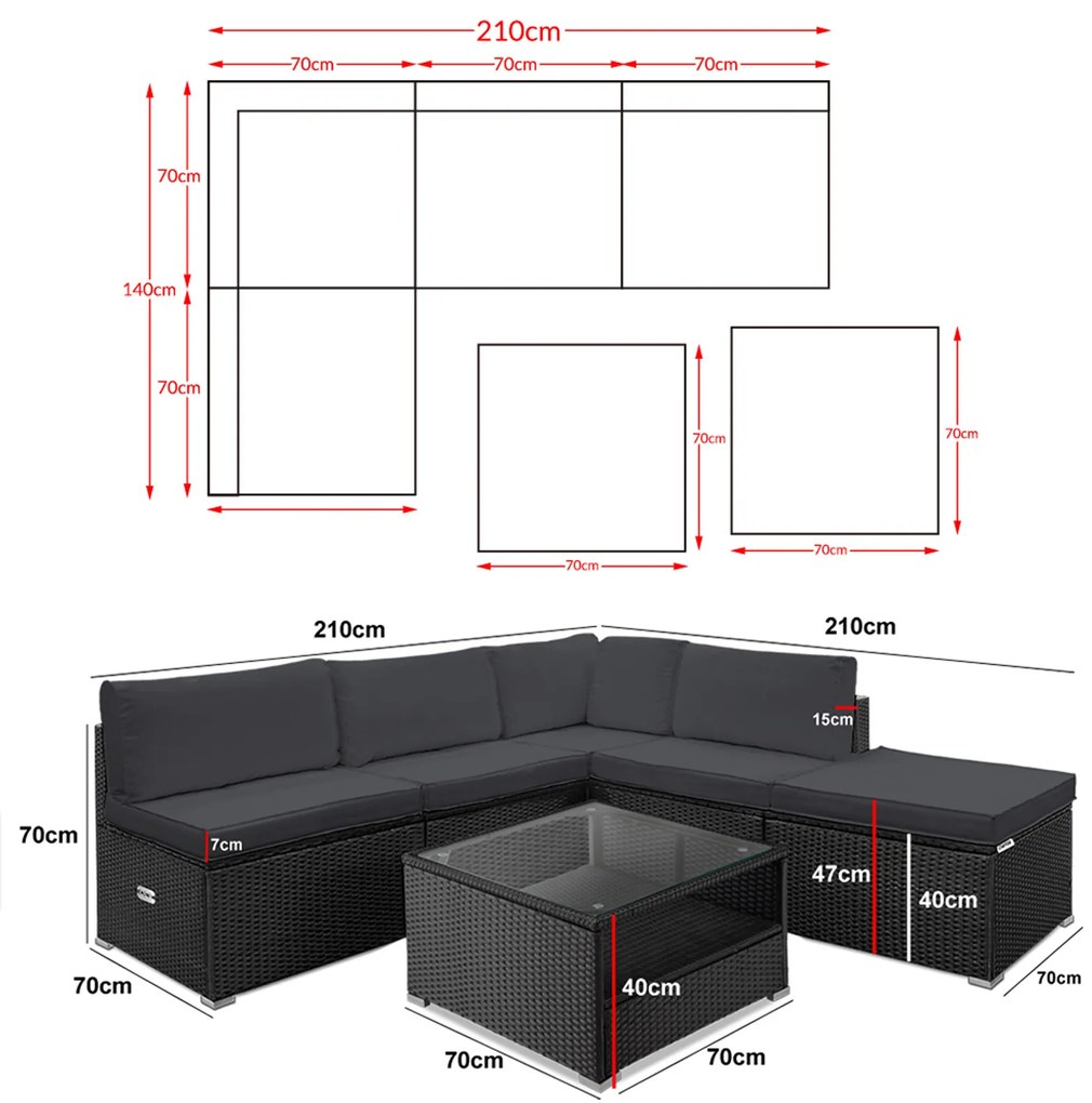 Casaria® Kerti rattan szett Rouen - fekete/antracit párnák