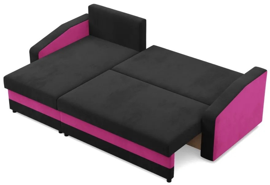 Hewlet sarokkanapé, 2 ágyneműtartóval, szövet anyag, univerzális oldal, hab töltet, fekete - rózsaszín