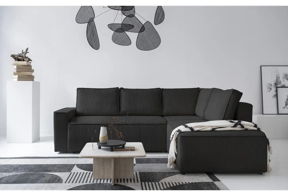 Antracitszürke kordbársony kinyitható sarokkanapé (jobb oldali) Brave Dave – Miuform