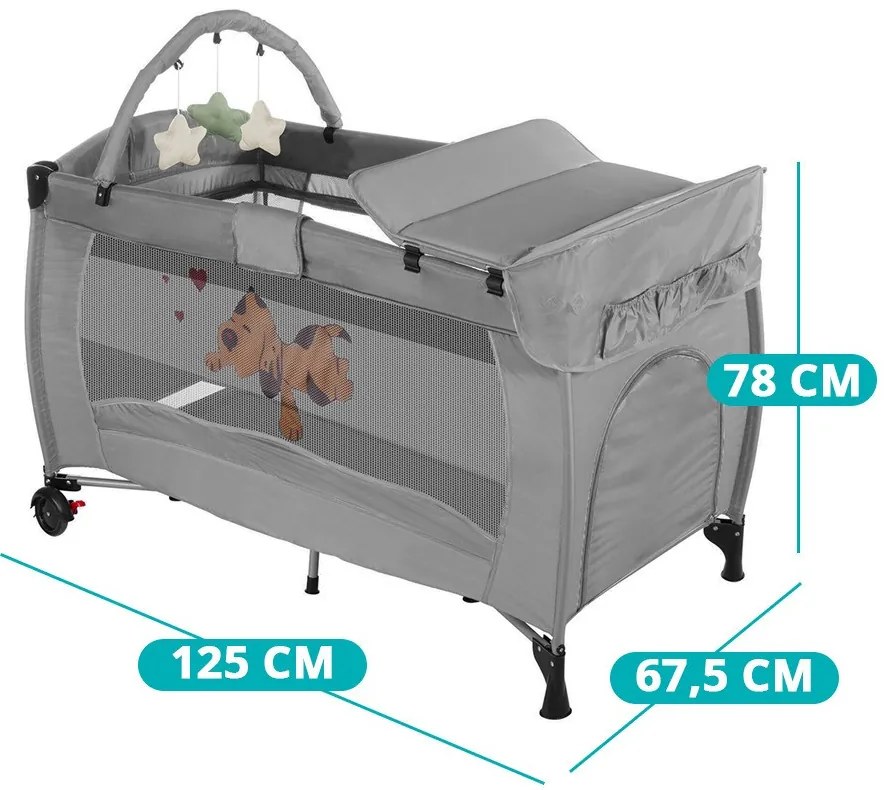 Utazóágy pelenkázó lappal és játékhíddal, szürke