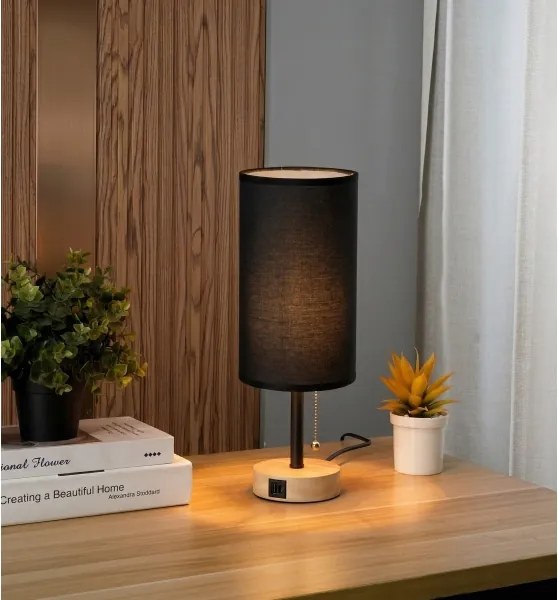 BRILAGI - TABLON asztali lámpa USB-porttal, 1xE27/25W/230V, tölgy/fekete
