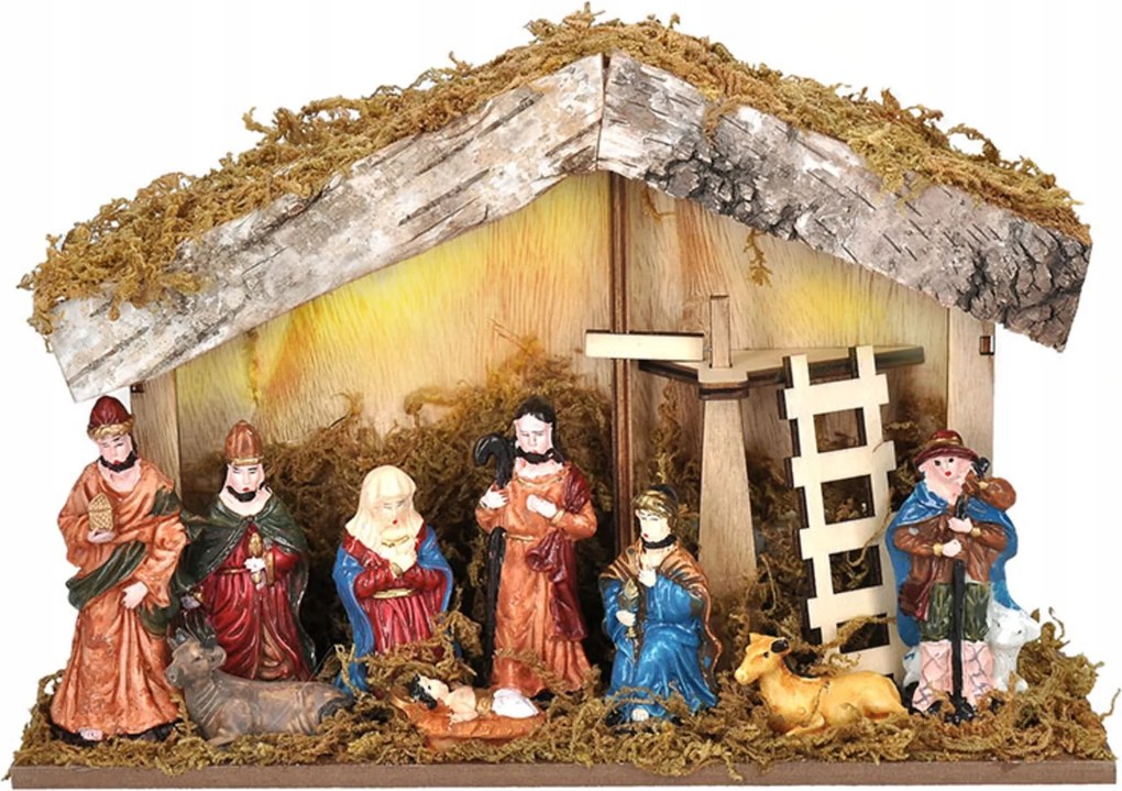 LED-es fa betlehem háttérvilágítással, 6x Led, időzítő, 27x17cm, többszínű