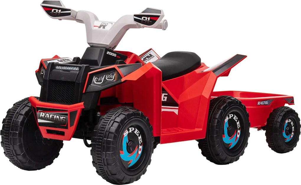 HOMCOM Elektromos Quad Gyerekeknek 6V, Gyerek Quad, Elektromos Jármű Utánfutóval 1,5-3 éveseknek, 2,5 km/h, Fém, 106 x 41,5 x 48,5 cm, Piros | Aosom