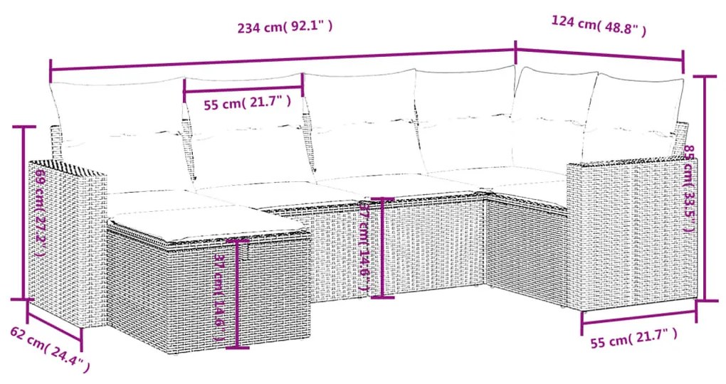 6 részes világosszürke polyrattan kerti ülőgarnitúra párnákkal