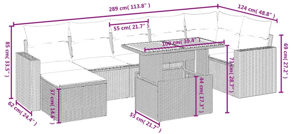 8 részes fekete polyrattan kerti ülőgarnitúra párnákkal