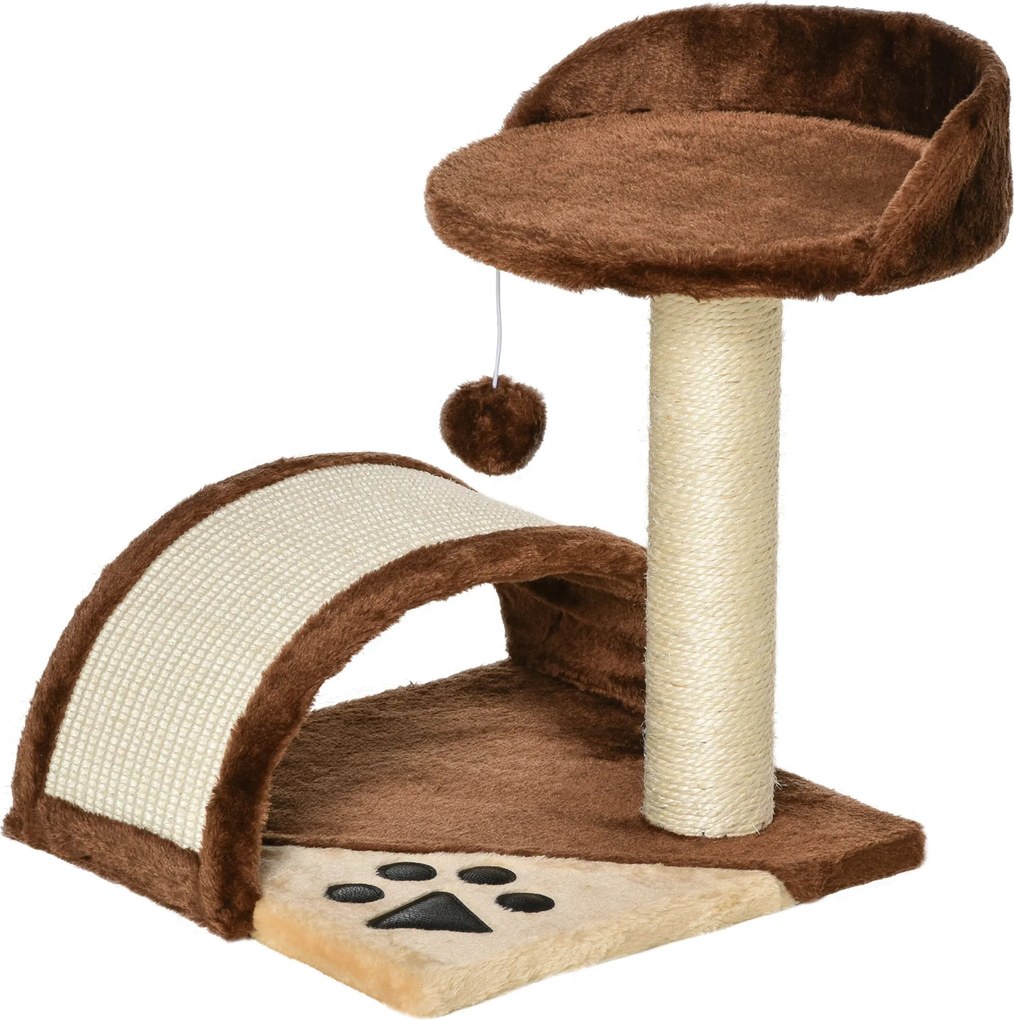PawHut Kicsi Macska Kaparófája Magasság 46 cm 2-Szintes Macskafa Kaparóposzttal, Kaparófallal, Platformokkal és Függő Játékballal 35.5x37x46 cm Barna