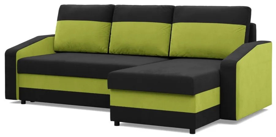 Hewlet sarokkanapé, 2 ágyneműtartóval, szövet anyag, univerzális oldal, bonell töltet, fekete - zöld