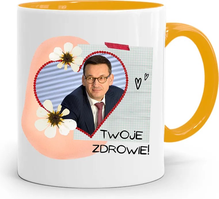 Sárga Politikus Bögre Mateusz Morawiecki Miniszterelnök fényképes nyomtatással