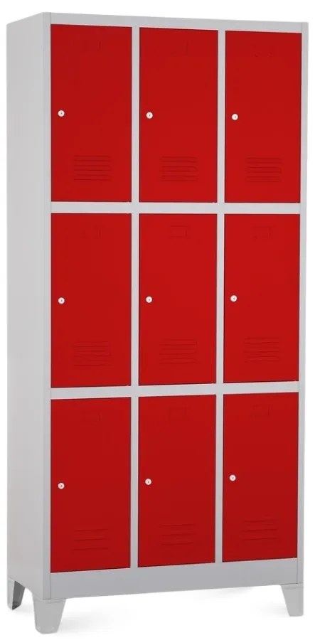Fém szekrény - 9 doboz, 90 x 45 x 195 cm, fix lábakkal, hengerzár, piros - ral 3000