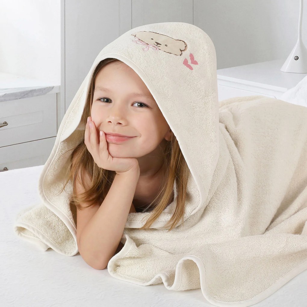 Goldea gyermek frottír fördőlepedő csuklyás - mackó bézsen 100 x 100 cm