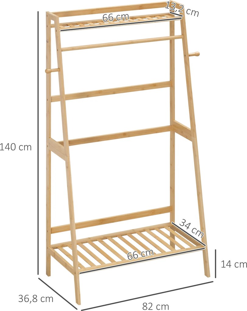 HOMCOM Bambusz Ruhafogó 2 Polccal, 2 Küllővel és 1 Akasztósrúddal - 82 x 36.8 x 140 cm | Aosom
