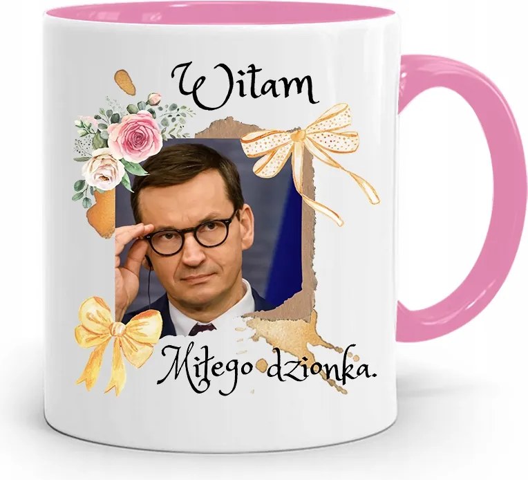 Rózsaszín Politikai Bögre Mateusz Morawiecki Miniszterelnök fényképes nyomtatással