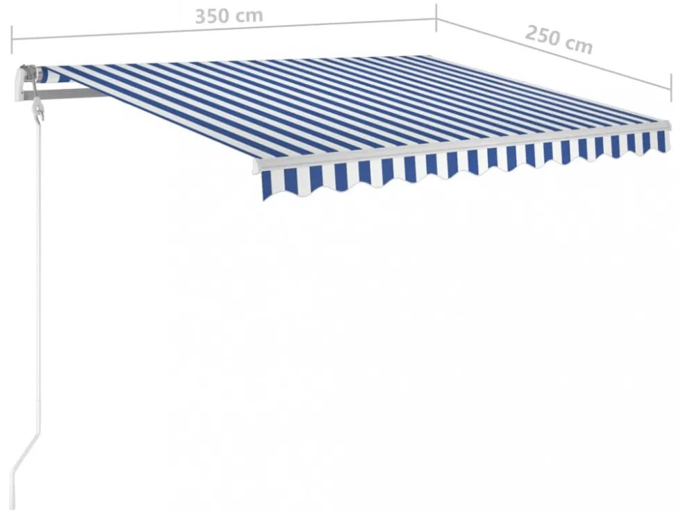 kék és fehér kézzel kihúzható napellenző póznákkal 3,5 x 2,5 m