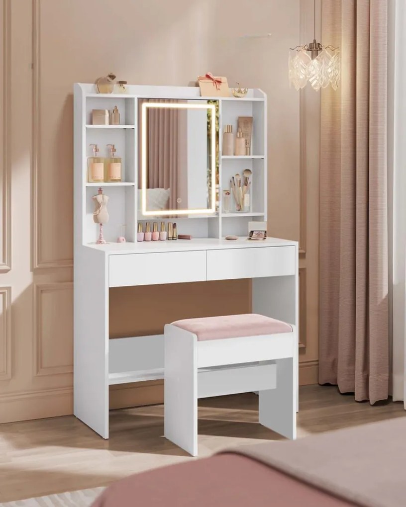VELVET kárpitozott taburet/szék sminkasztalhoz, 45×45×28,6 cm, fehér/rózsaszín Vasagle