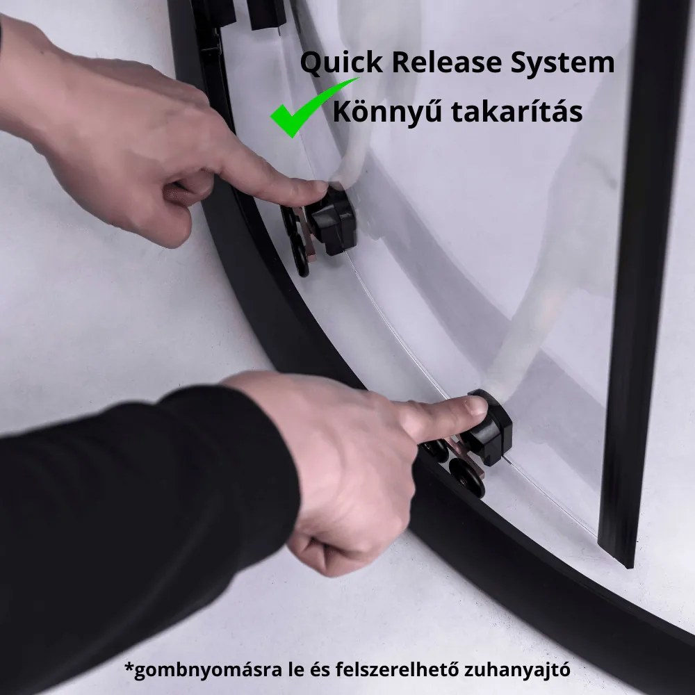 Stuxi Nizza Black 90x90 cm íves két tolóajtós zuhanykabin 6 mm vízlepergető biztonsági üveggel, fekete elemekkel, 190 cm magas, zuhanytálcával és szifonnal