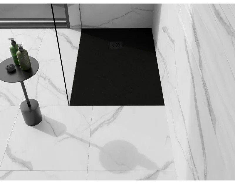 Mexen, Mexen Stone+ brodzik kompozytowy prostokątny 140 x 80 cm, czarny, maskownica czarna - 44708014-B