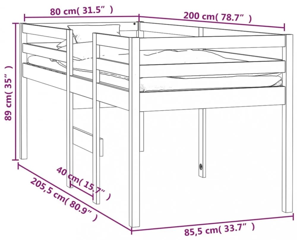 fehér tömör fenyőfa magasított ágy 80x200 cm