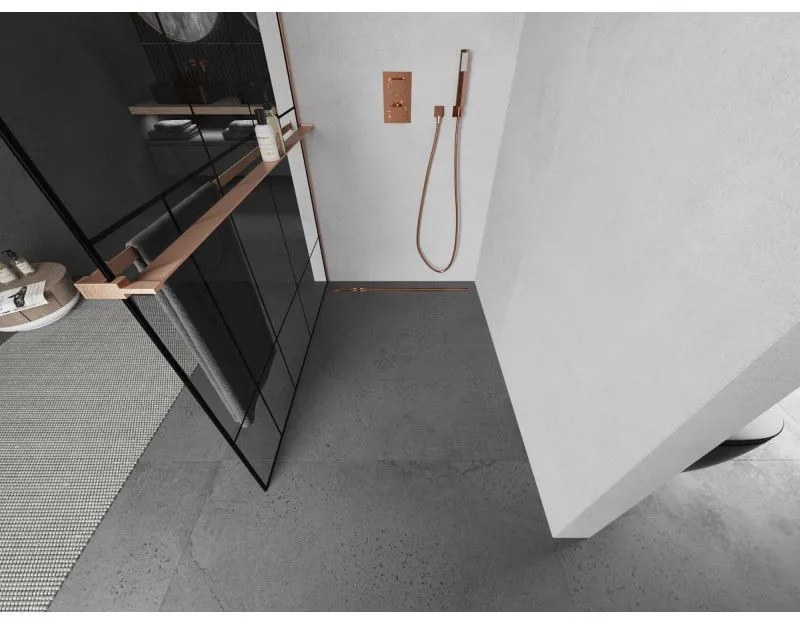Mexen Kioto+, Walk-In zuhanyparaván polccal és akasztóval 110 x 200 cm, 8 mm átlátszó üveg fekete mintás, réz matt profil, 800-110-121-65-78