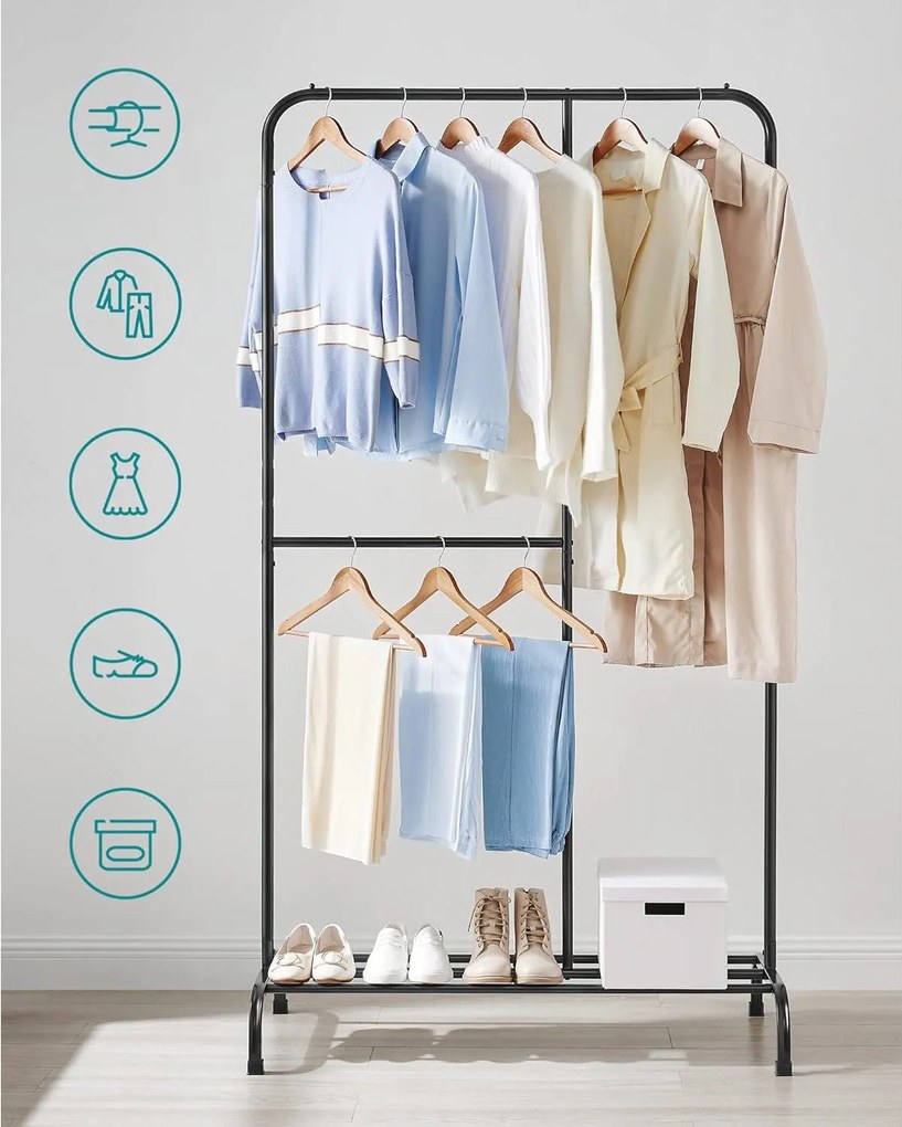 Ruhatartó, ruhaállvány állítható akasztórúddal, fekete
