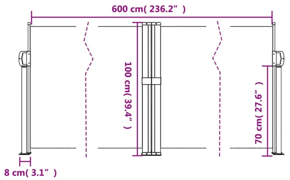 terrakotta behúzható oldalsó napellenző 100 x 600 cm
