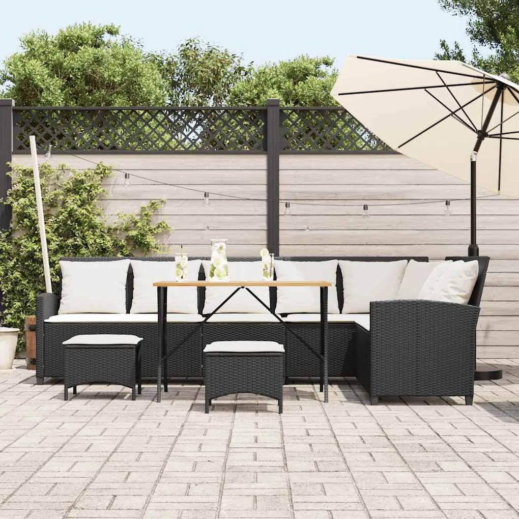 4 részes fekete polyrattan kerti ülőgarnitúra párnával L-alakú