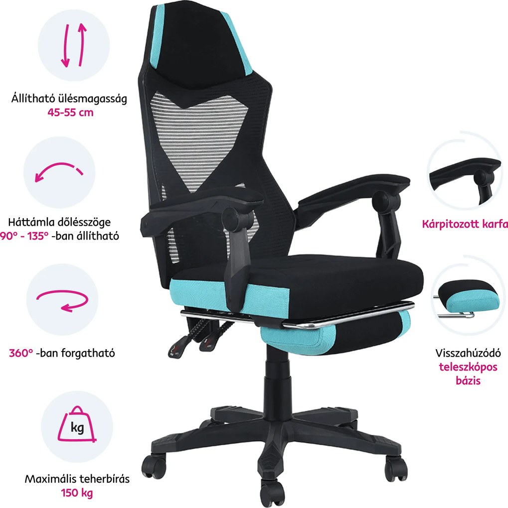 Irodai/gamer szék, fekete/neomint, teherbírás 150 kg, JORIK NEW