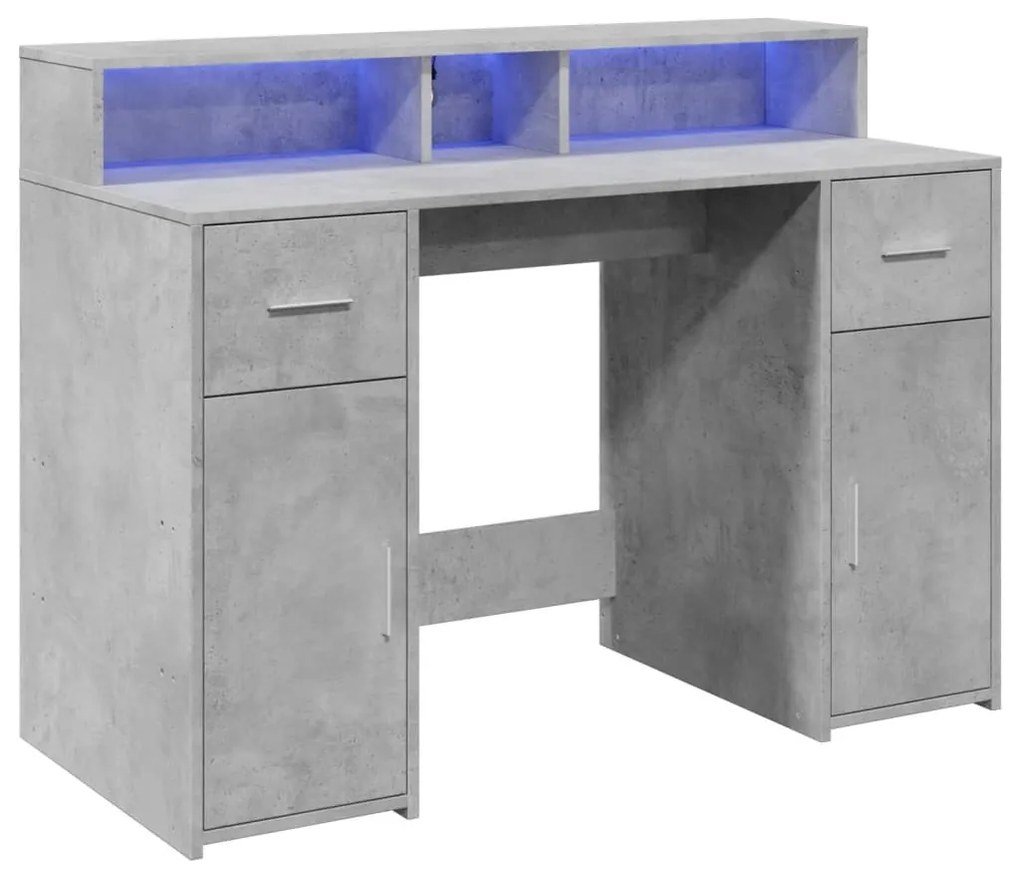 betonszürke szerelt fa íróasztal LED-világítással 120x55x91 cm
