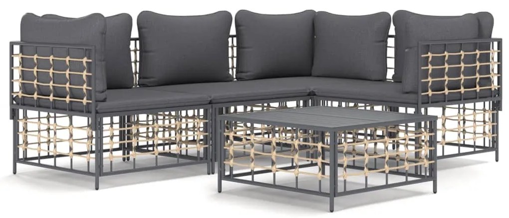 5 részes antracitszürke polyrattan kerti ülőgarnitúra párnákkal