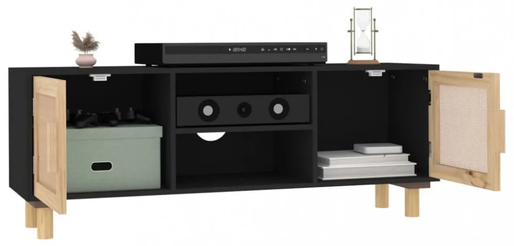 fekete fenyőfa és természetes rattan TV-szekrény 105x30x40 cm