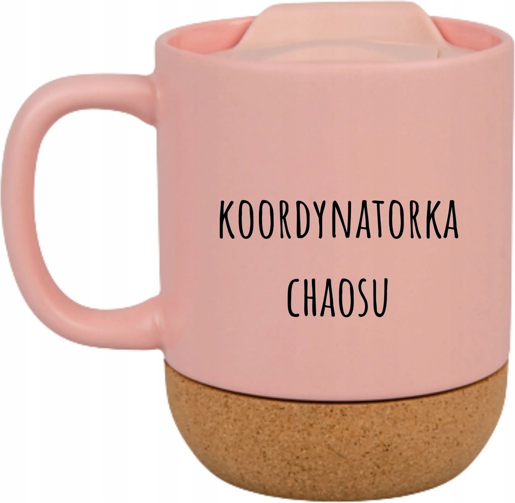 Rózsaszín Bögre Fedéllel És Parafa Aljjal Ajándék Káosz Koordinátor