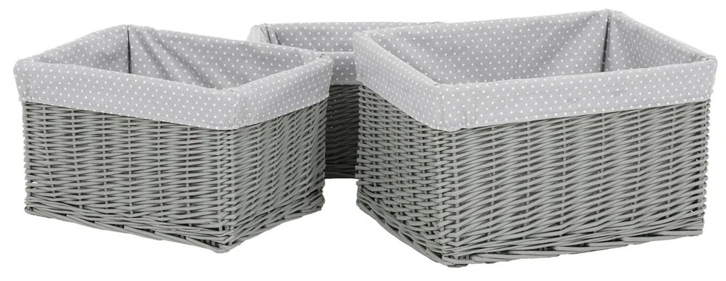 Szürke fonott polcos kosárszett szövettel, pöttyös, 3 db, 3 méretben, 48 x 25 x 39 cm