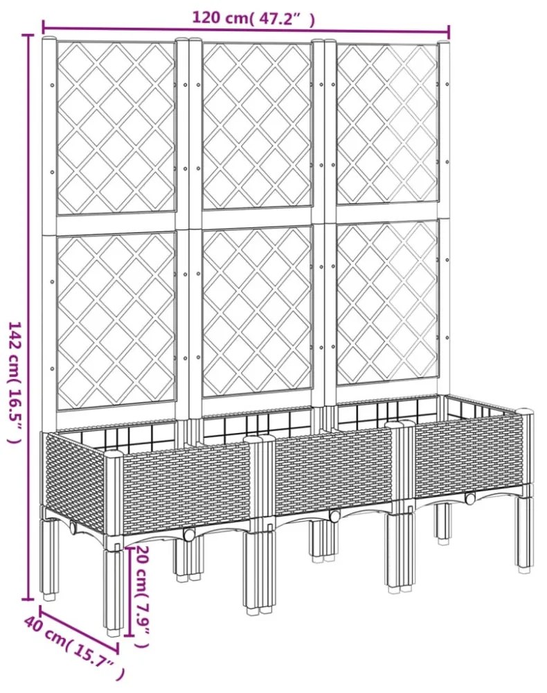 szürke PP rácsos kerti ültetőláda 120 x 40 x 142 cm