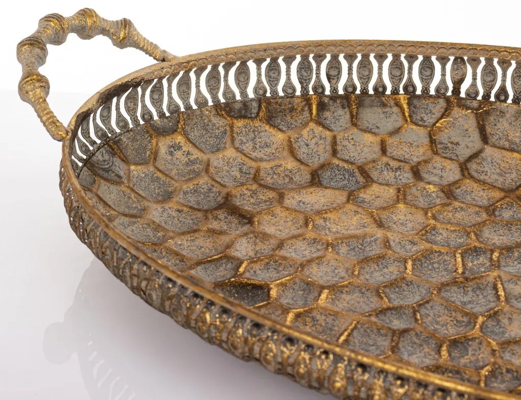 Antique keleties jellegű ovális dombormintás óarany 3db-os tálca szett 9x49x27 / 9x42x23 / 9x31x17cm