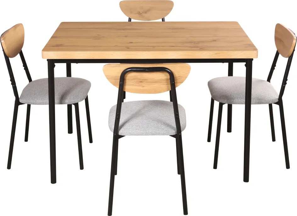 Étkezőgarnitúra 1+4, világos tölgy/szürke/fekete, MADIO