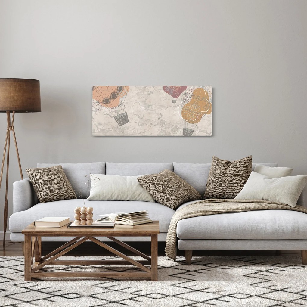 Kép - léggömbök a város felett , meleg tónusok (120x50 cm)