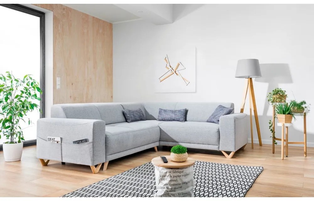 Világosszürke kinyitható-tárolóhelyes sarokkanapé (jobb oldali-L alakú) Classy Sophie – Miuform