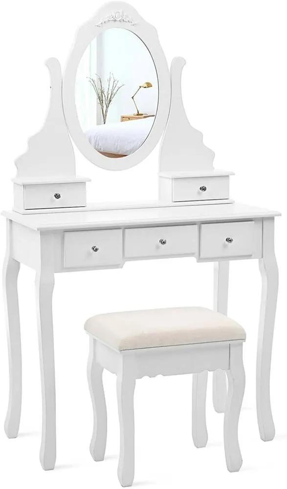 Tükrös Sminkasztal Készlet 5 fiókkal, fésülködő asztal, fehér