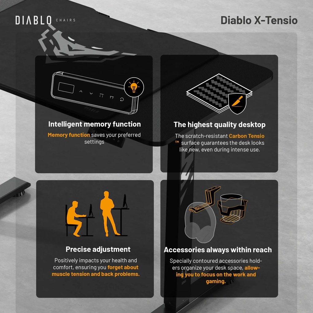 Elektromosan magasságban állítható íróasztal 110 cm fekete: Diablo X-Tensio 1100