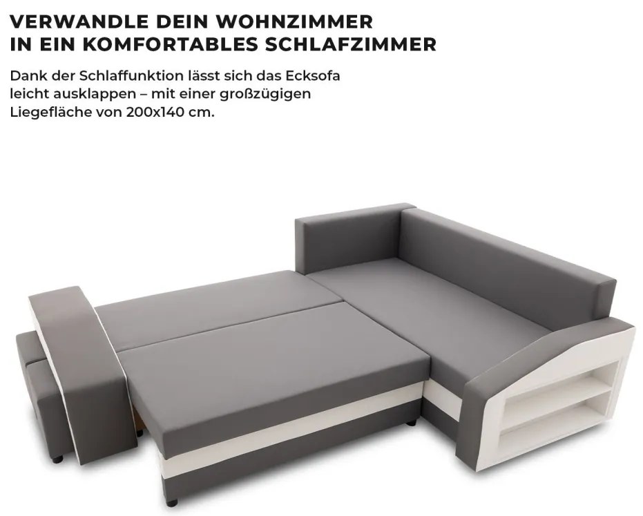 Grande sarokkanapé polcokkal és puffokkal , polc a jobb karfaban puffok a bal karfaban, jobboldali, szövet anyag, bonell töltet, szürke - fehér