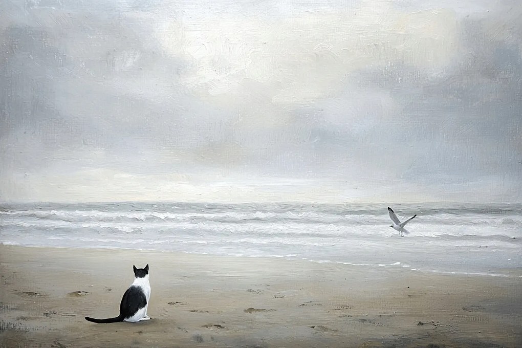 Vászonkép Canvas Tájkép Tenger Tengerpart Hullámok Macska Sirály Szürke 60x40