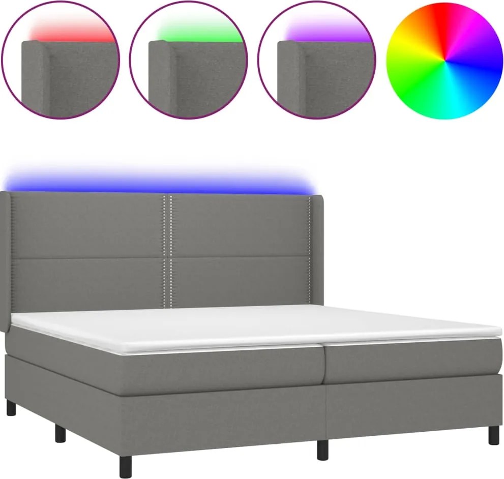 vidaXL sötétszürke szövet rugós és LED-es ágy matraccal 200x200 cm