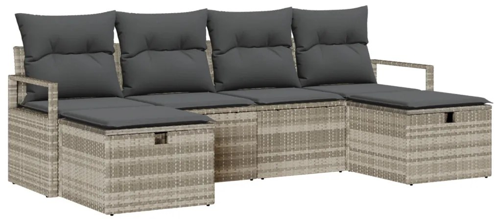 6 Részes Kerti Sofa Készlet Párnákkal Világosszürke Poli Rattan, 2-Személyes Kerti Sofa Tárolóval és Párnákkal Szürke Poli Rattan