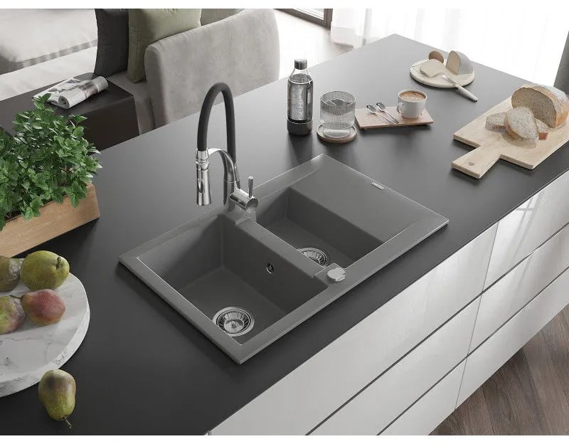Mexen Gaspar, 1,5 kamrás gránit mosogató 737x475x177 mm és Aster mosogató csaptelep, szürke, 6507-71-73450-07